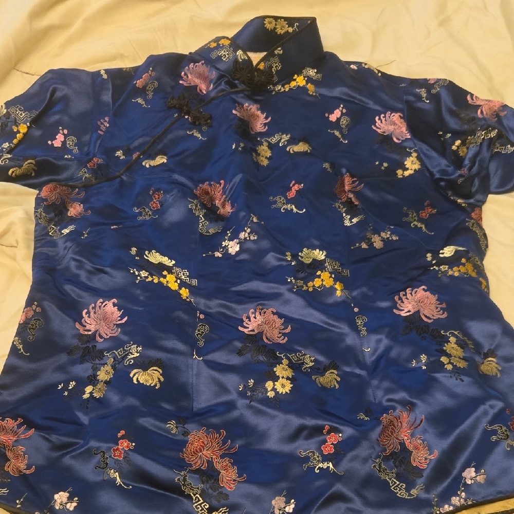 Women's Blue Floral Chinese Shirt